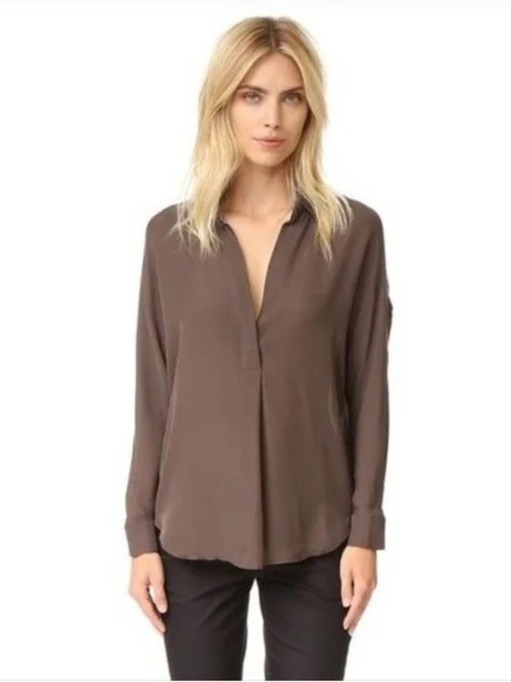 Vince Silk Popover Vneck Blouse Olive Green